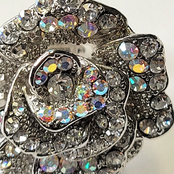 Statement Silver and Clear Rhinestone Ring with Adjustable Band - Picture 3 of 8